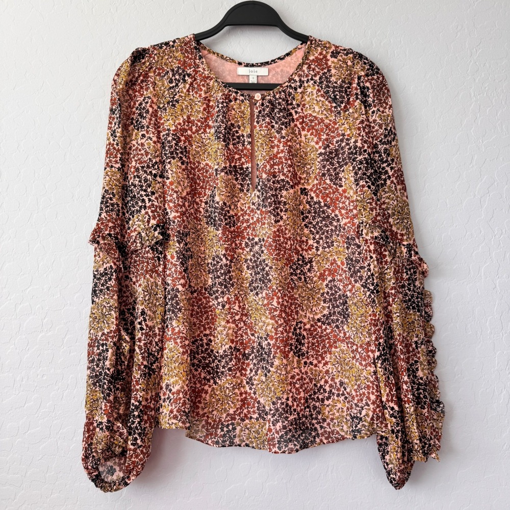Joie 100% Silk‎ Shell Floral Print Long Sleeve Blouse Top Ruffle Detail Small